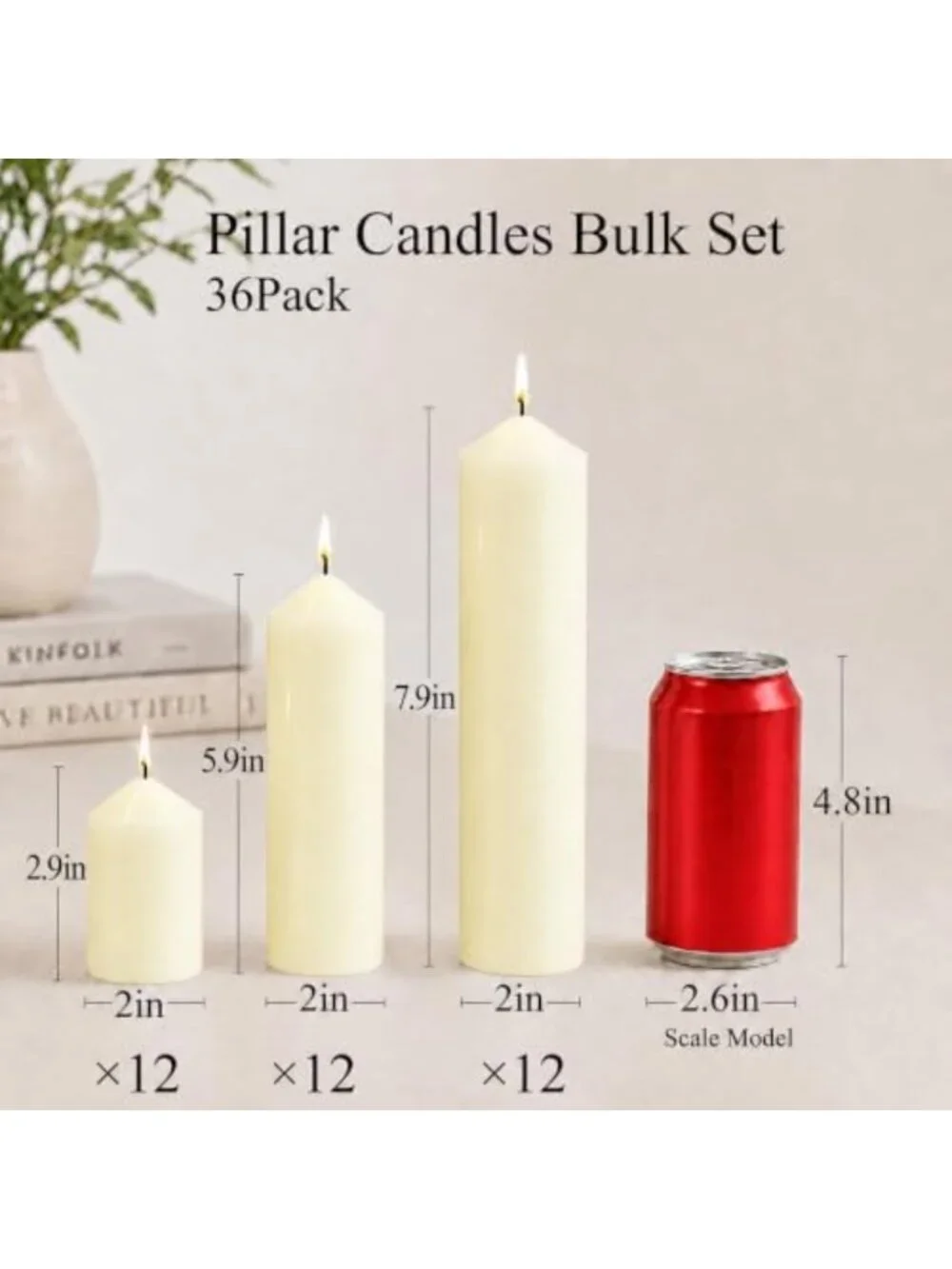 Ivory Unscented Pillar Candles Set of 36 - 2x2.9, 2x5.9, 2x7.9 Inch Bulk Decor